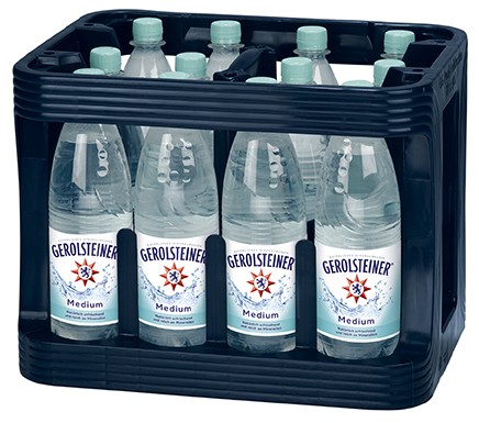 12 x Gerolsteiner Medium 1 litro bottiglia di acqua minerale PET, scatola originale RIUTILIZZABILE