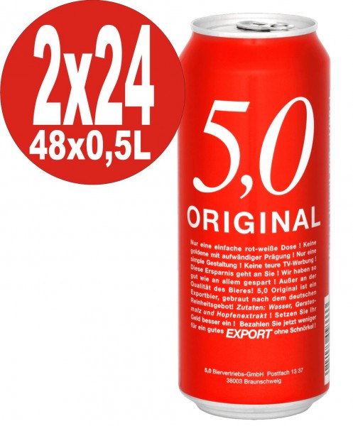 2 lattine da 24x0,5L 5,0 Original Export 5,2% Vol birra in lattina usa e getta