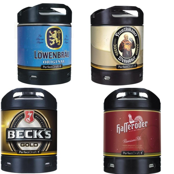 4 x Perfect Draft Diverse varietà 6 litri di contenuto Loewenbraeu, Hasseroeder, Franziskaner , Becks Gold