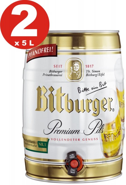 2 x Bitburger Premium Pils 5 litro party keg 4,8% vol