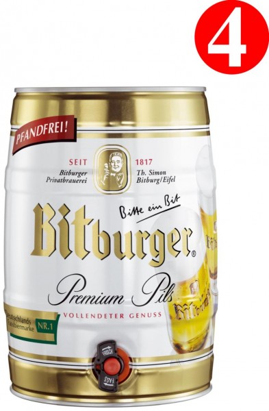 4x Bitburger Premium Pils 5 litro party keg 4,8% vol