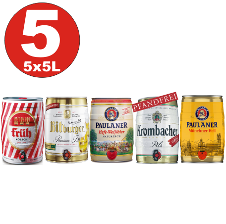 Fusti di birra 5x5 litri No: 2- Krombacher, Paulaner Hefe, Münch. Kölsch brillante, precoce, Bitburger 4,8-5%,