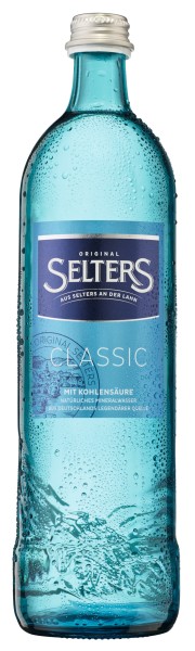 12 x Selters Original Classic 0,75 l bottiglia di vetro Gastro blu in cartone per bottiglie riutilizzabile con deposito